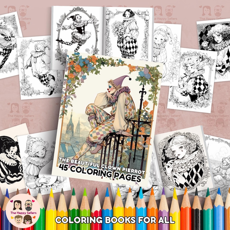 Pierrot Colorful The Beautiful Clown Pierrot Coloring Book INSTANT DOWNLOAD 45 Coloring ...