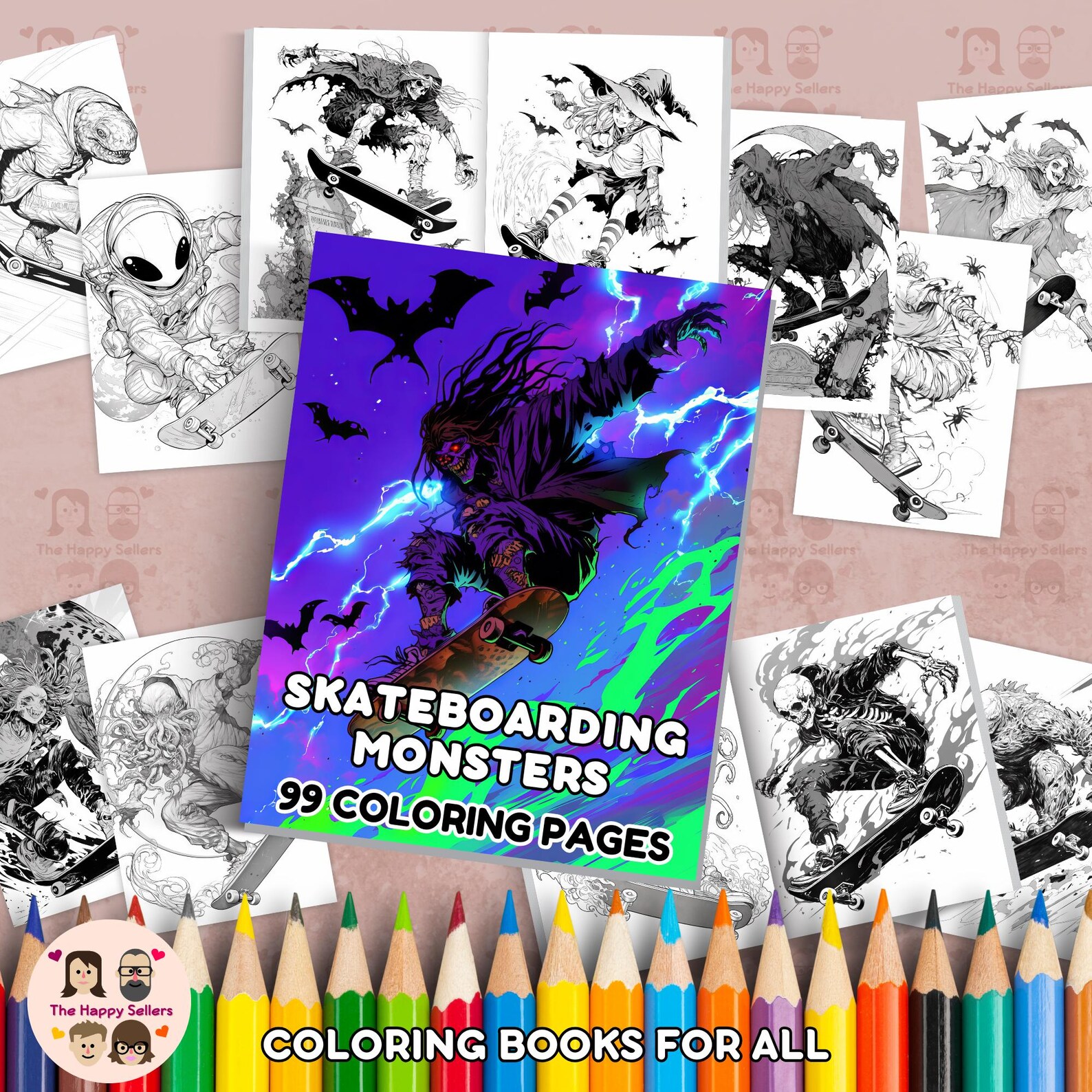 Skateboarding Monsters Coloring Book INSTANT DOWNLOAD 99 Coloring Pages ...