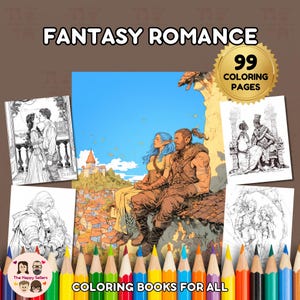Kolorowanka o tematyce fantasy i romansu, do natychmiastowego pobrania. 99 kolorowanek + 2 inspirujące kolorowe obrazy, papier w formacie Letter, możliwość pobrania cyfrowego.