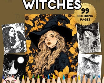 Witches Coloring Book INSTANT DOWNLOAD 99 Coloring Pages + 2 Inspirational Color Images, Letter-Size Paper, Digital Download.