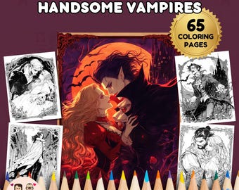 May include: A collection of coloring books with the title "Handsome Vampires" and the text "Coloring Books For All". The image features a central illustration of a vampire couple, surrounded by black and white coloring pages and a gold seal that says "65 Coloring Pages".
