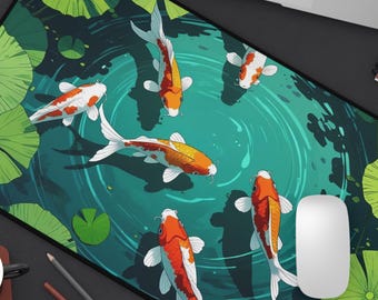 Koi Teich Schreibtischmatte Anime Mauspad Japanischer Koi Fisch Lily Pad Mauspad Entspannende Koi Schreibtischmatte Kawaii Bürodeko TKG Spielmatte Gamer Schreibtischmatte