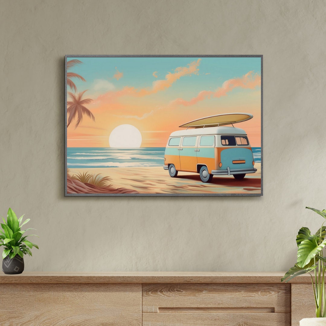 Retro Beach Vibes Print 70s Surf Van & Palm Trees Vintage Summer Wall ...