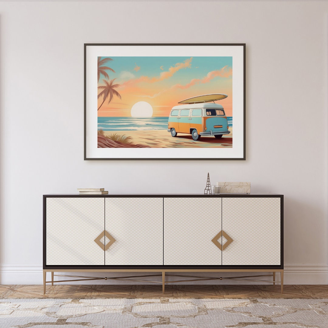 Retro Beach Vibes Print 70s Surf Van & Palm Trees Vintage Summer Wall ...