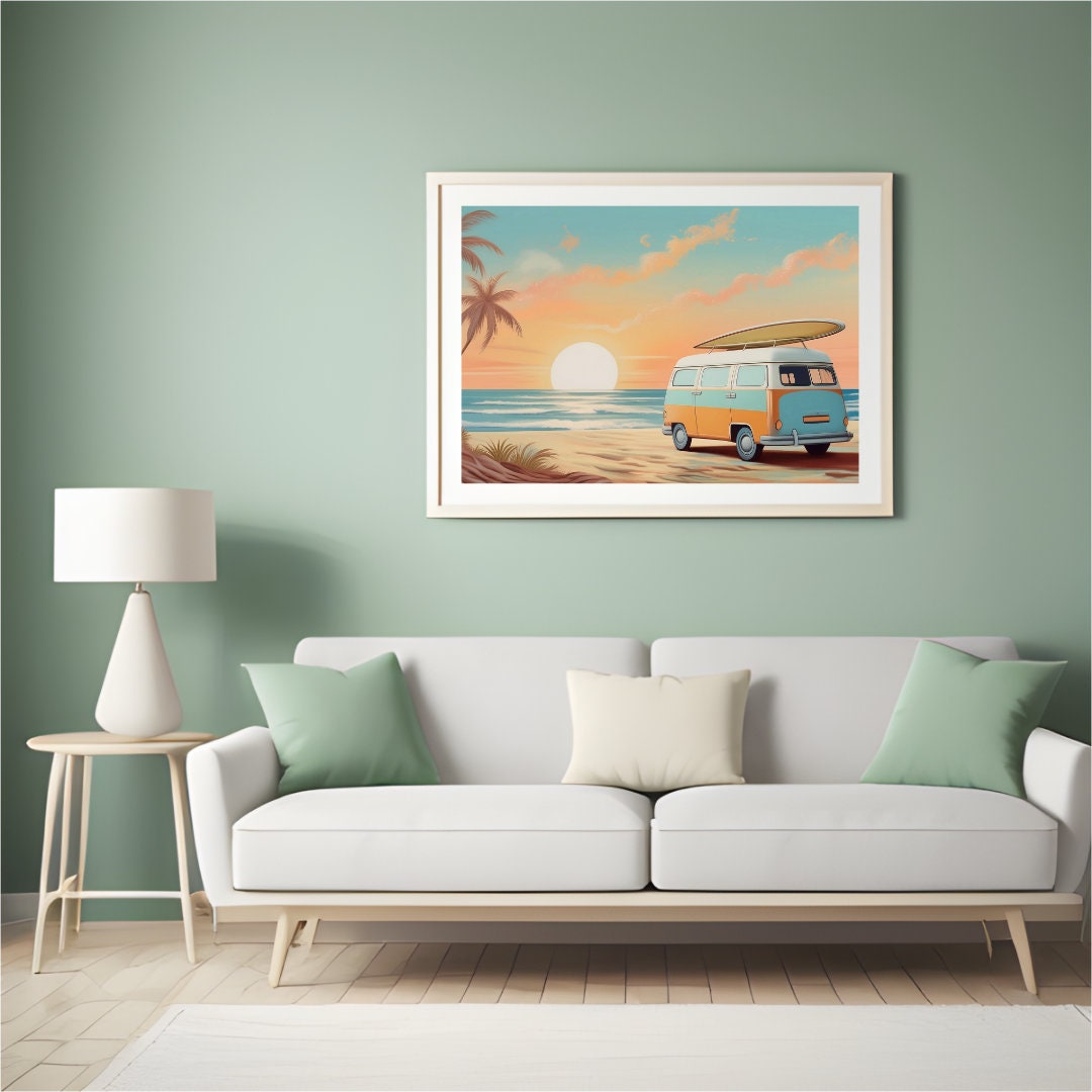 Retro Beach Vibes Print 70s Surf Van & Palm Trees Vintage Summer Wall ...