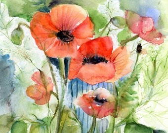 poppy watercolor print- gift for the nature lover- watercolor floral art-  botanical painting- vibrant poppy art- orange poppy watercolor-