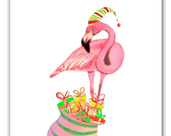 Flamingo Christmas cards, Tropical Christmas, 10 per greeted boxed set. funny Christmas cards. pink flamingo- holiday flamingo