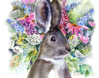 bunny card, Easter bunny card,  bunny mother's day card, nature lovers birthday card- watercolor bunny card- bunny with flowers