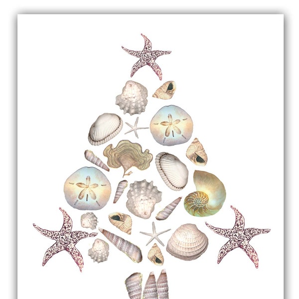 Shell tree Christmas cards, Winter solstice card,  sand dollar Christmas card, shell Christmas cards,  coastal Christmas, shell art