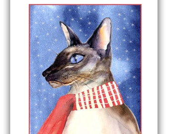 Siamese cat christmas cards - seal point holiday cards-  chocolate seal point- cat christmas cards- siamese lovers gift- watercolor cats