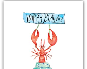 Lobster birthday card, Red lobster card, watercolor lobster, nautical birthday cards, Children's birthday card- funny birthday card