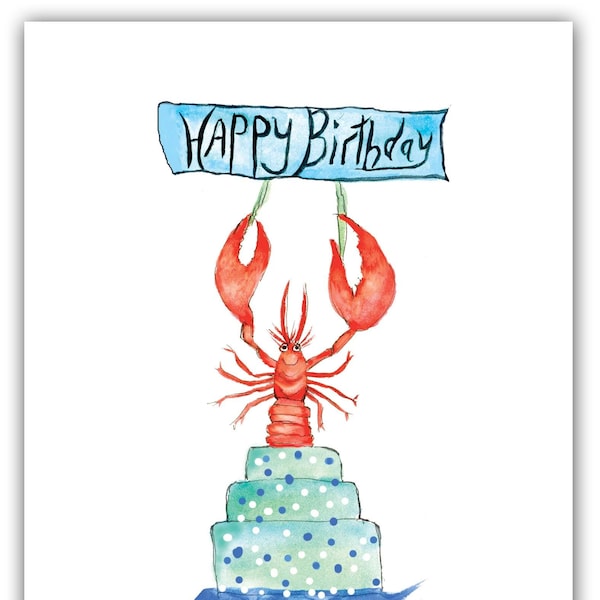 Lobster birthday card, Red lobster card, watercolor lobster, nautical birthday cards, Children's birthday card- funny birthday card