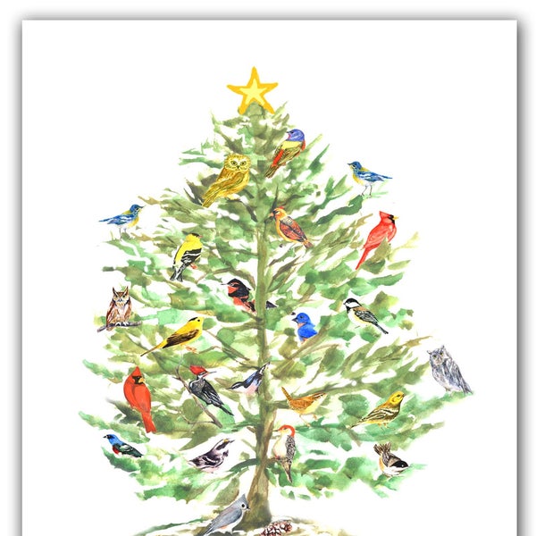 Song Bird Christmas cards- winter solstice bird cards- holiday bird tree-  bird lovers gift-  Christmas birds- holiday bird card