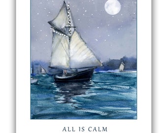 sailboat Christmas cards- sloop Christmas card - classic sailboat cards-  sailboat watercolor- Nautical Christmas cards-  classic boat card,