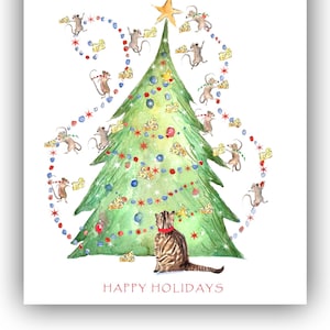 Gatto con l'albero dei topi Cartoline di Natale. biglietti di auguri per gatti. cartoline di Natale divertenti gatti. Cartoline di Natale dell'acquerello del gatto