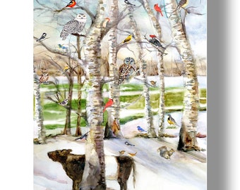 Song Bird Christmas cards- winter solstice bird cards- holiday bird tree-  bird lovers gift-  cow christmas card- woodland christmas cards