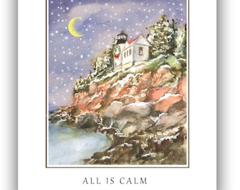 May include: A watercolor painting of a lighthouse on a cliff overlooking a body of water. The lighthouse is decorated with a red bow and a wreath. The sky is dark blue with white stars and a crescent moon. The text "ALL IS CALM" is printed below the image.