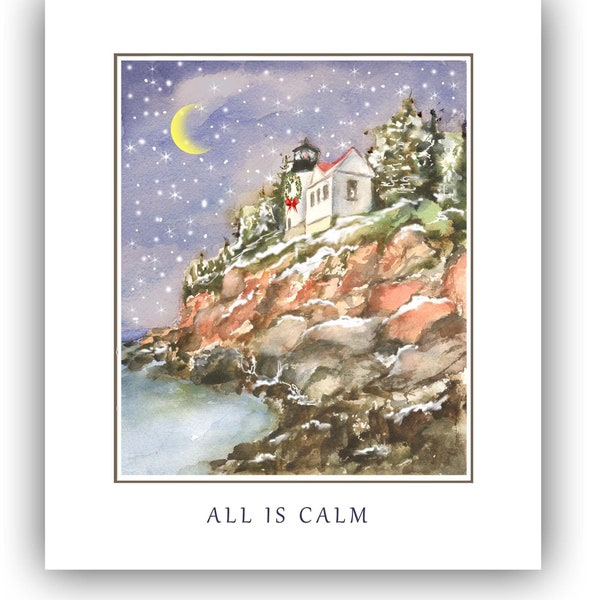 Bass harbor head Lighthouse Christmas cards, Maine lighthouse Christmas cards- 10 per box-  Holiday lighthouse cards- Maine Christmas cards.