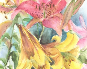 Original lily watercolor- original watercolor art- lily painting- yellow and pink lily painting- summer bouquet watercolor art