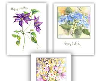 floral birthday cards- watercolor flower cards- floral stationary- clematis birthday card- hydrangea birthday card- floral bouquet cards