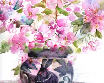 apple blossom original watercolor - bunny vase - watercolor floral art-  botanical painting- spring flower art- apple blossom watercolor