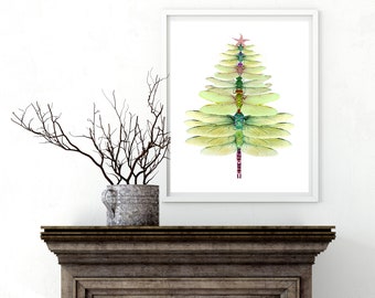 Dragonfly tree Christmas print-  Dragonfly watercolor-  Archival dragonfly print~  Dragonfly art~ insect art- dragonfly lovers gift