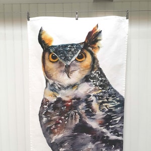 owl tea towel- cotton tea towel- great horned owl design tea towel- woodland kitchen decor- owl lovers gift-owl decor-  hostess gift-