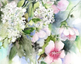 White hydrangea and rose of sharon print-  watercolor floral art- white hydrangea watercolor- botanical print- hydrangea painting