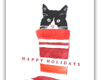 Cat in stocking Christmas -black and white cat- tuxedo cat Christmas cards- funny Christmas cards. boxed set, boxed holiday