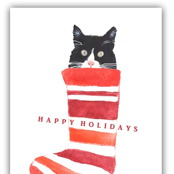 Cat in stocking Christmas -black and white cat- tuxedo cat Christmas cards- funny Christmas cards. boxed set, boxed holiday