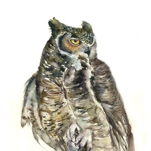 Great horned owl archival print-   owl art-  owl watercolor- original designs-  owl painting-   birders gift-  owl gift- mindfulness gift