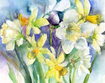 Daffodil painting- daffodil original watercolor  - watercolor floral art-  botanical painting- spring flower art- daffodil watercolor