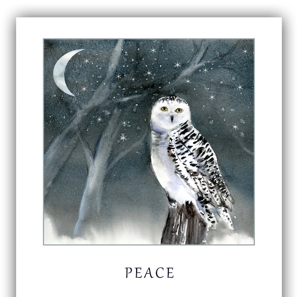 Snowy owl Christmas cards- watercolor owl moon cards- woodland owl Christmas- Winter Solstice cards- Birders Christmas cards.