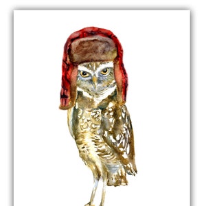 Cartes de Noël hibou-chapeau de trappeur-cartes des bois-cartes de Noël hibou-Cartes de Noël ornithologues amateurs-aquarelle de chevêche des terriers