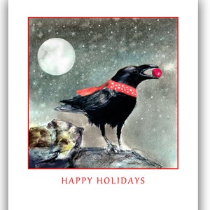 cartões de natal de corvo - corvo de férias - cartões de floresta - natal de corvo - cartão de natal para observadores de pássaros - pintura de corvo - presente para amantes de corvo
