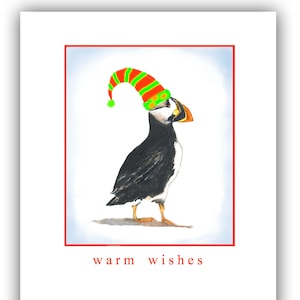 Cartes de Noël Puffin- conception d’aquarelle de macareux- carte de Noël pour les amateurs d’oiseaux- cartes d’oiseaux de macareux- macareux de Noël