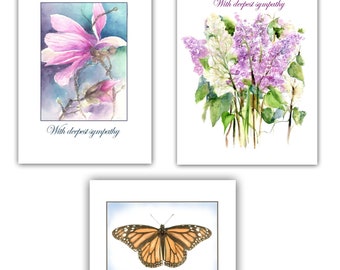 floral Sympathy cards- 6 boxed set,  watercolor sympathy card, sympathy magnolia, floral sympathy cards, monarch butterfly sympathy card