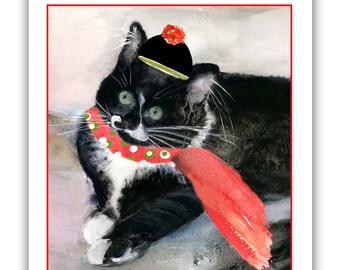 Tuxedo cat Christmas card- black and white cat Christmas cards- cat Christmas cards- boxed holiday cards
