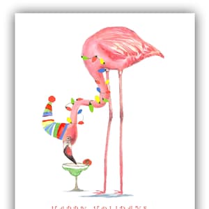 Tarjetas de Navidad de flamencos, Tarjeta de Navidad de flamencos de cóctel, Navidad tropical, flamenco rosa, tarjetas de Navidad divertidas