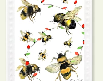 May include: A white ceramic ornament with a festive design featuring bumblebees flying around a string of red and green Christmas lights. The ornament has a white border with a scalloped edge. The text "Shirley Bell" is signed in the bottom right corner.