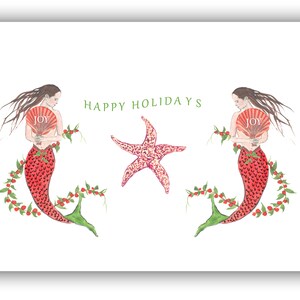 Mermaid Christmas cards. 10 per boxed set. nautical Christmas cards. coastal Christmas cards. Red mermaids. starfish. mermaid lovers image 1