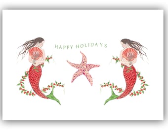 Mermaid Christmas cards. 10 per boxed set. nautical Christmas cards. coastal Christmas cards. Red mermaids.  starfish. mermaid lovers