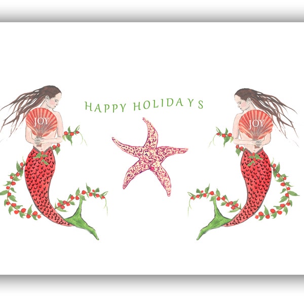 Mermaid Christmas cards. 10 per boxed set. nautical Christmas cards. coastal Christmas cards. Red mermaids.  starfish. mermaid lovers