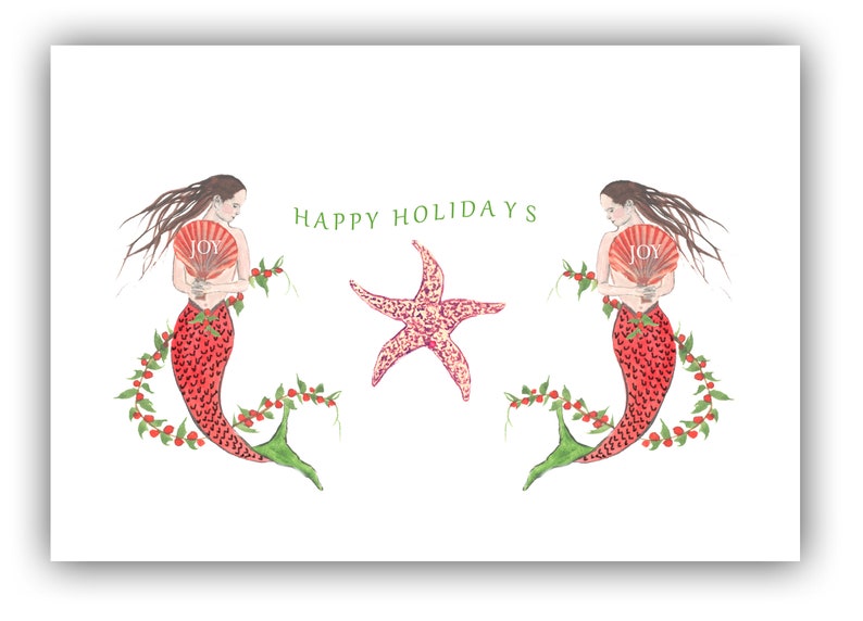 Mermaid Christmas cards. 10 per boxed set. nautical Christmas cards. coastal Christmas cards. Red mermaids. starfish. mermaid lovers image 1