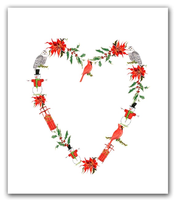 heart Christmas cards. Christmas heart cards. set of 10. cardinal christmas  cards, snowman, snowy owl cards, sled, holly