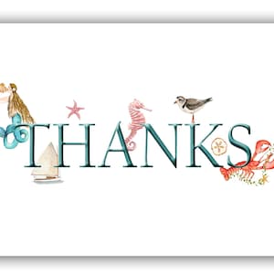 May include: A white card with the word "THANKS" in teal letters, decorated with watercolor illustrations of a mermaid, seahorse, sailboat, starfish, bird, sand dollar, and lobster. A nautical theme.