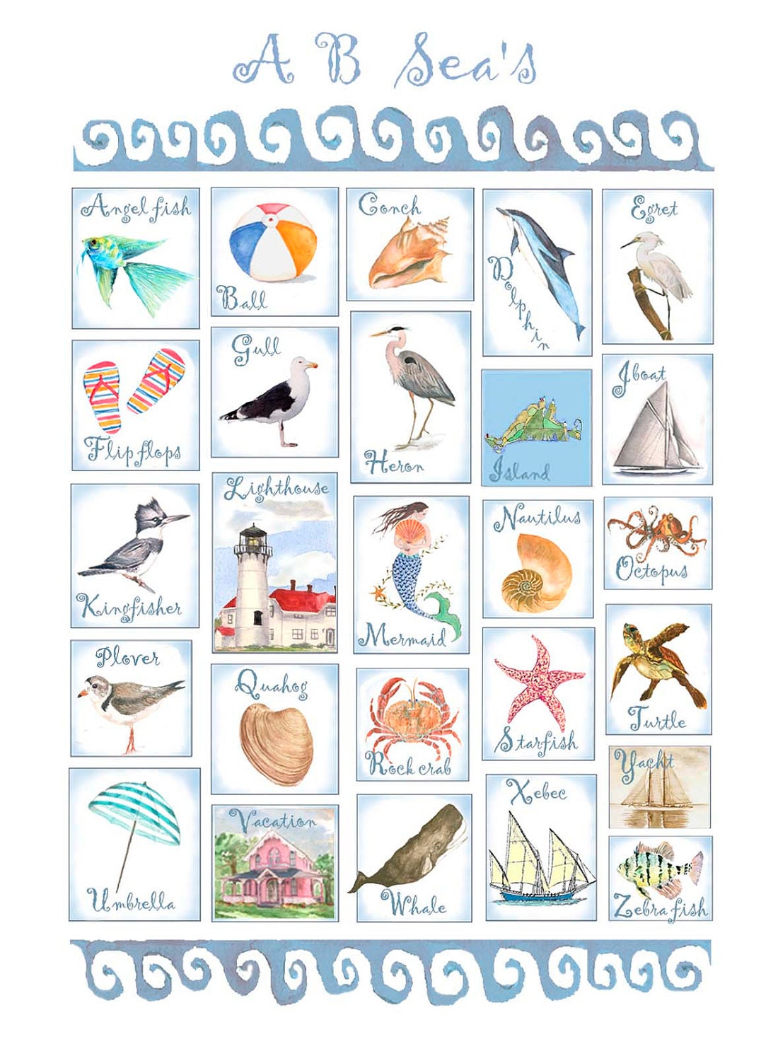 nautical note cards- A B Sea,s-  watercolor coastal cards- coastal art cards- beach house art- nautical note cards- lighthouse cards.