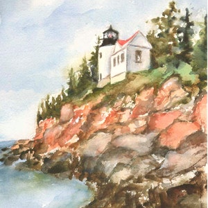 Bass Harbor Head Lighthouse-  Maine lighthouse- 8x10 Giclee print- original design-  beach coastal print- lighthouse art