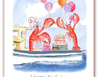 Celebrating lobsters birthday card,  lobster birthday card, watercolor lobster,  nautical birthday-  Children's birthday.