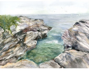 Lions head Beavertail RI- coastal rocks watercolor - new england coast art-  coastal art-  seascape art- nautical art- RI seascapes